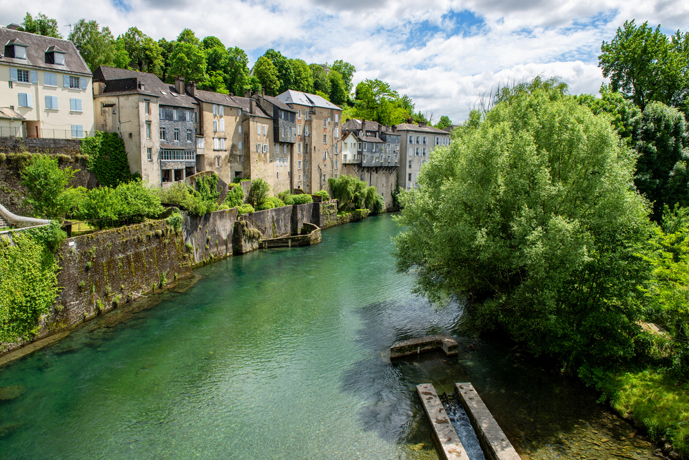 a French landscape in the country on the Oloron river. Oloron Sainte Marie, france