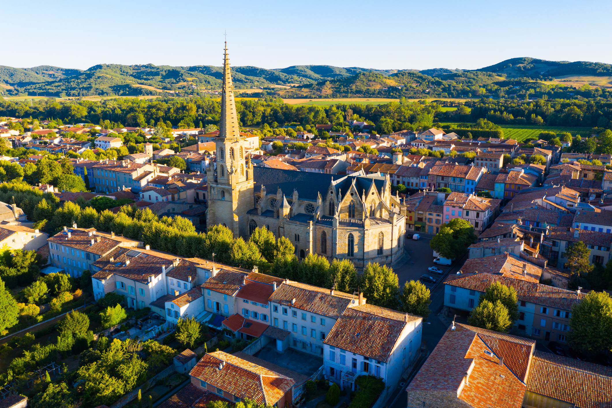 Summer view from drone of French township of Mirepoix