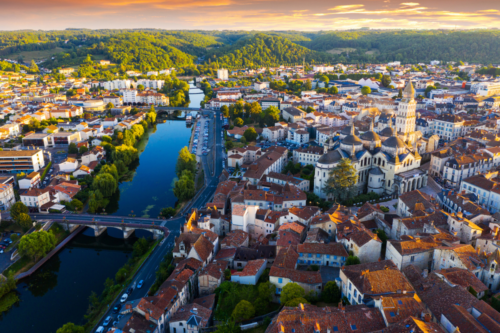 Drone view of French city of Perigueux during summer sunset